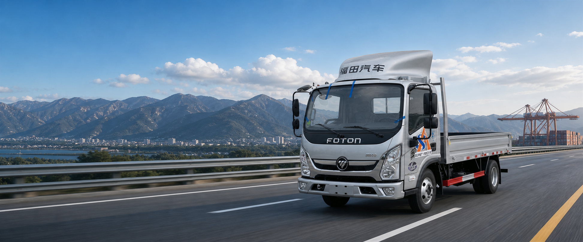 Foton flatbed truck driving beside mountains and a port